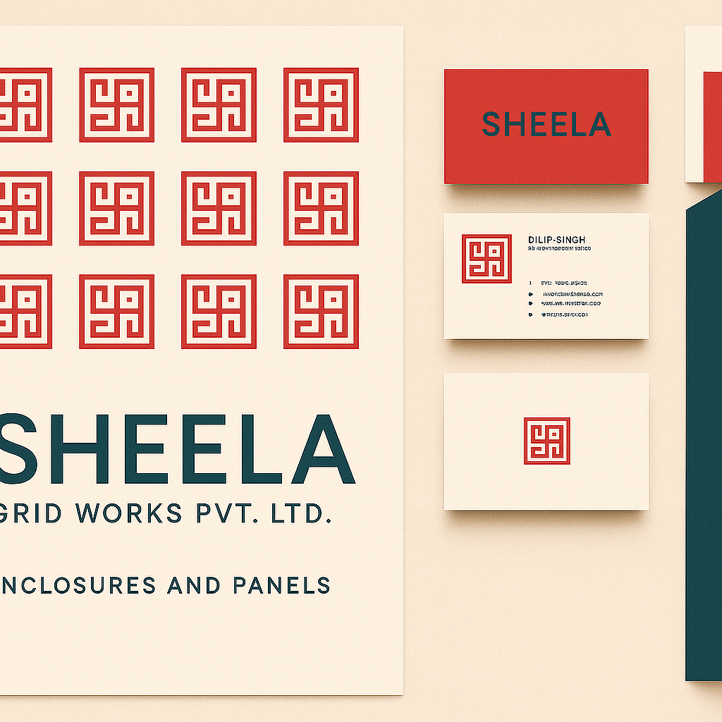 Branding materials including business cards and logo patterns